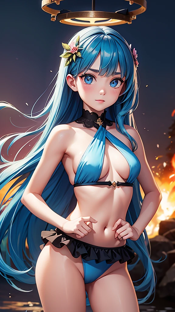 masterpiece, exquisite, {beautiful and meticulous girl}, beautiful and detailed halo, (fire of war: 1.2), (fire explosion behind: 1.3), rain, detailed lighting, detail water, (beautiful and detailed eyes: 1.1), glitter_force, palace, sky blue hair, tered hair, long bangs, eyebrows, (Open Stitch Ring Linked Halter Neck Backless Swimsuit: 1.1), black ribbon, white bow tie, upper abdomen, big forehead, flower, hands on hips
