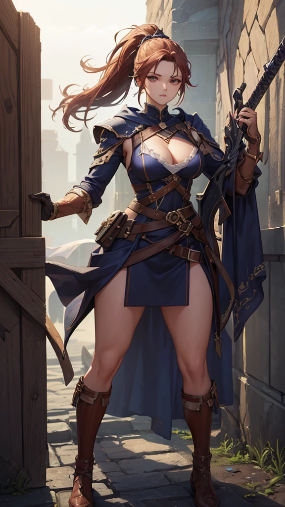 (masterpiece, 4K ,Super detailed:1.2), (anime:1), (Perfect quality), The whole body is shown, View Viewer, Holding a sword, ponytail, Cold expression, Muscular and ultra violent women, Powerfully々And, epic female swordsman, RPG concept art character, Light clothing