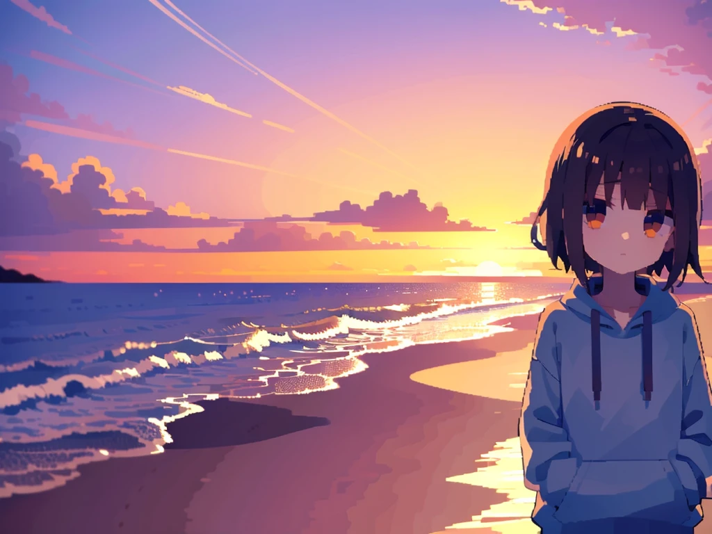 Sunset on the seaside road，A -yeld giis looking at the camera with reluctant eyes，Wearing a sweatshirt with his hands in his pockets, standing sideways，Upper Body，The girl is relatively small in the frame and is located in the lower right corner of the lens.，Pixel style，The lens is wide-angle and atmospheric