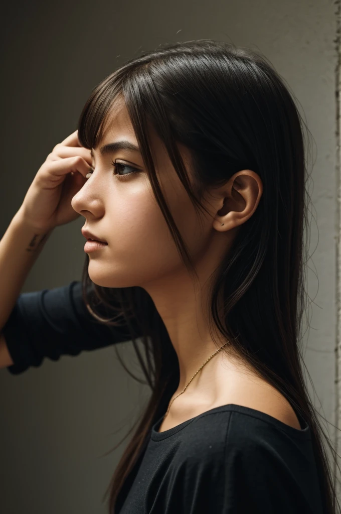 A girl in her profile side, holding a knife above her head