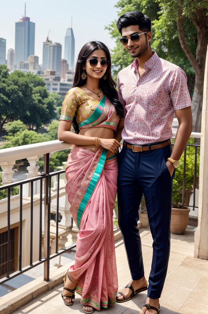 real 18 years old indian couple dressed in colorful, stylish outfits standing together on a balcony surrounded city, park, garden and lake. The girl is wearing a saree with floral patterns, while the boy is wearing a plain navy shirt with pants with the text LOVEPREET written on it both are looking so cute handsome, stylish hair and smiles and black sunglasses. They appear to be in a relaxed, happy mood as they interact with each other 8k ultra quality images