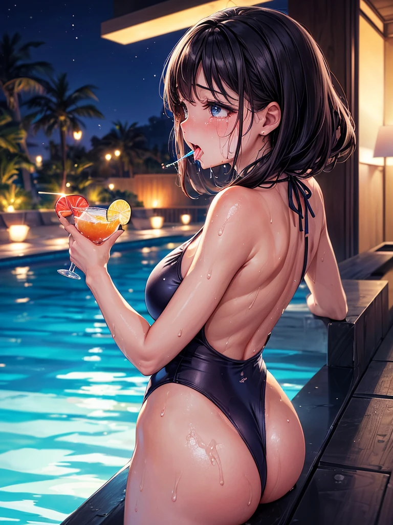 Highest quality,Highest Resolution,A crying beauty in a super high-cut swimsuit,Night Pool,Night view,Back view,up,Very beautiful eyes,(((Drink a drink))),(((Open your mouth and drool))),(((Sweat profusely)))Tears,Big Breasts,(((Ｔback)))