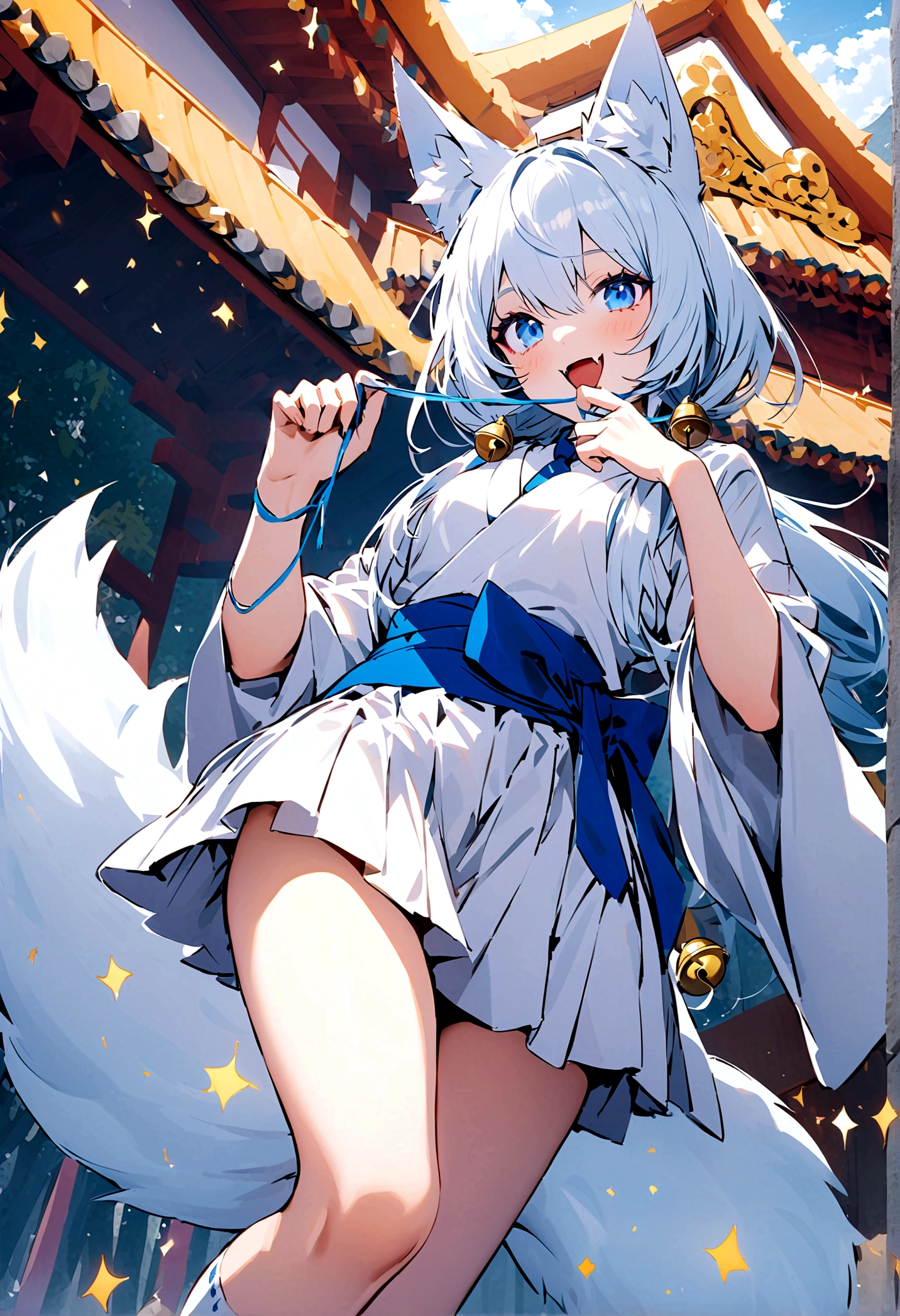 Kitsune human girl in her 20s with long white hair and white fox ears wearing white kimono with a blue belt with a white skirt and shirt socks with a blue ties blue eyes and from below a thin yellow colour holding string bells with a lot of blue sparkles around her and she has nine white tails as she's smiling with her mouth open revealing her fox fangs background holy Shrine in the mountains 