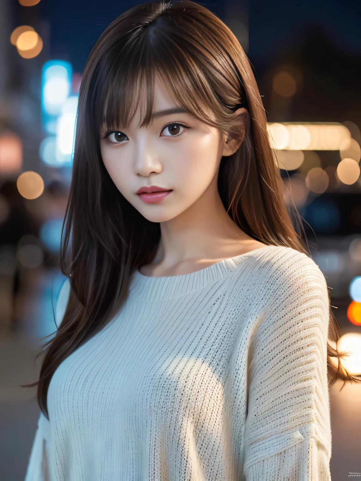 masterpiece, 1 beautiful girl, detailed eye, Puffy eyes, top-quality, high resolution, (Realisticity: 1.4), cinematlic lighting, Asian Beauty, Korea idol, Super beauty, Beautiful skin, slender, (A hyper-realistic), (hight resolution), (8K), (ighly detailed), (beautifully detailed eyes), (ultra-detailliert), (wall), detailed face, Bright lighting, profetional lighting, looking at viewert, Facing straight ahead, Black knitwear, oblique bangs, nighttime scene, Brown hair, age19, tall,