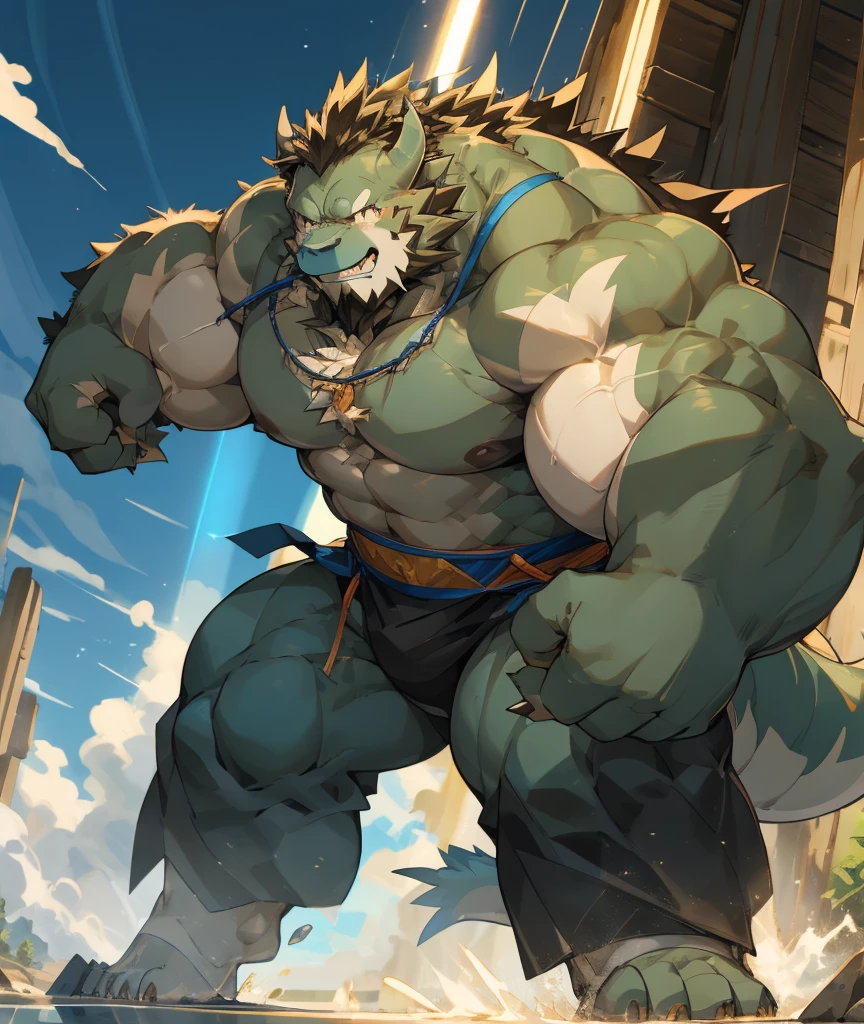 Dragon Orc,Strong body,muscular,Like a born strong man。His skin looks healthy and fair...,Muscle and fat intertwined,Create unique skin texture,Perfect and powerful。
His arms are as strong as iron pillars,Well-defined muscles,It seems to contain infinite power。Palms are generous,Sharp fingers and claws,Showing his wildness and strength。
He has a big heart,Muscle bulge,As if it could withstand any impact。Very good abdominal muscles,腰部Full of power,Like an indestructible mountain。
His legs are muscular,Seems to be able to overcome any obstacle。Calf muscle lines are smooth,Full of power,A dragon that looks strong and agile'The tail is strong and powerful,The scales at the end of the tail shone with cold light,Showing his majesty and mystery。
The whole picture is dominated by cold colors..,强调白Dragon Orc的力量和威严。In the treatment of light and shadow,Let the gentle sunshine shine on him,Make his muscles more three-dimensional and vivid。at the same time,Pay attention to his facial expressions and eyes,He showed his perseverance and courage,Like an invincible strongman。