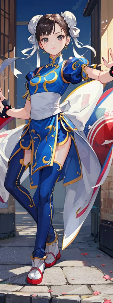 chun-li,((masterpiece)), ((best quality)), ((ultra detailed)), ((kawaii)), cute, (lovely), ((extremely detailed)), ((8K)), (beautiful),flat breast, tiny breast,full body