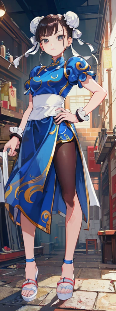 chun-li,((masterpiece)), ((best quality)), ((ultra detailed)), ((kawaii)), cute, (lovely), ((extremely detailed)), ((8K)), (beautiful),flat breast, tiny breast,full body