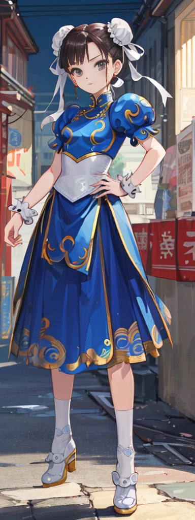 chun-li,((masterpiece)), ((best quality)), ((ultra detailed)), ((kawaii)), cute, (lovely), ((extremely detailed)), ((8K)), (beautiful),flat breast, tiny breast,full body