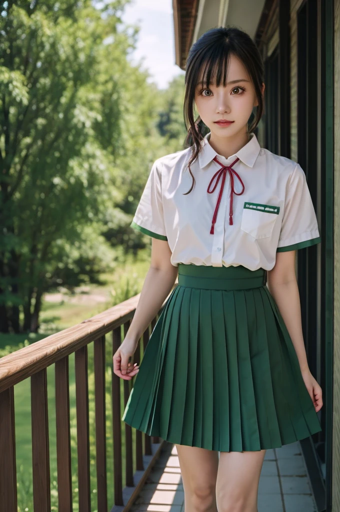 best quality,HDR,UHD,8K,Vivid Colors,solo,front view,(photo_(medium)),(looking at viewer:1.2),(1girl:1.3),(outside:1.5),(sitting:1.5),furniture,bright light,suzume iwato,green skirt,