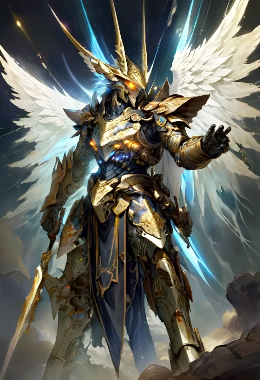 An elderly warrior, clad in ancient armor, descending from the skies in a mechanical dragon, his eyes filled with wisdom and sorrow