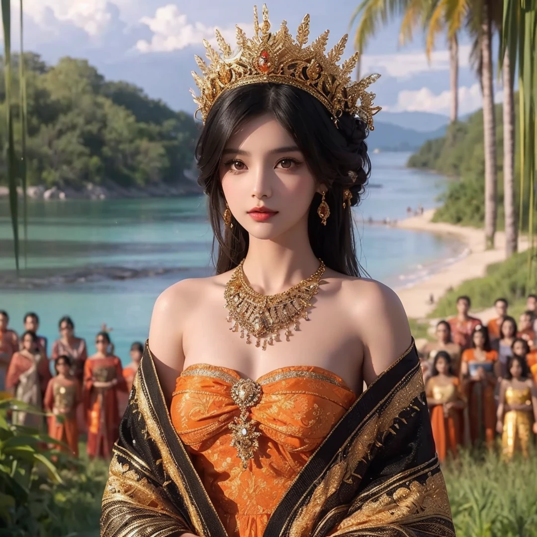 Beautiful girl, black hair, brown eyes, wearing gold crown, wearing gold necklace, wearing orange and black clothes