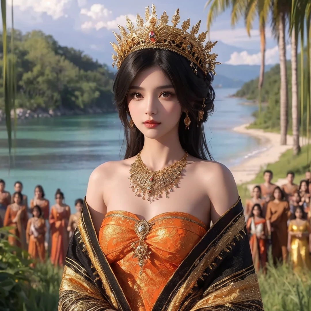 Beautiful girl, black hair, brown eyes, wearing gold crown, wearing gold necklace, wearing orange and black clothes