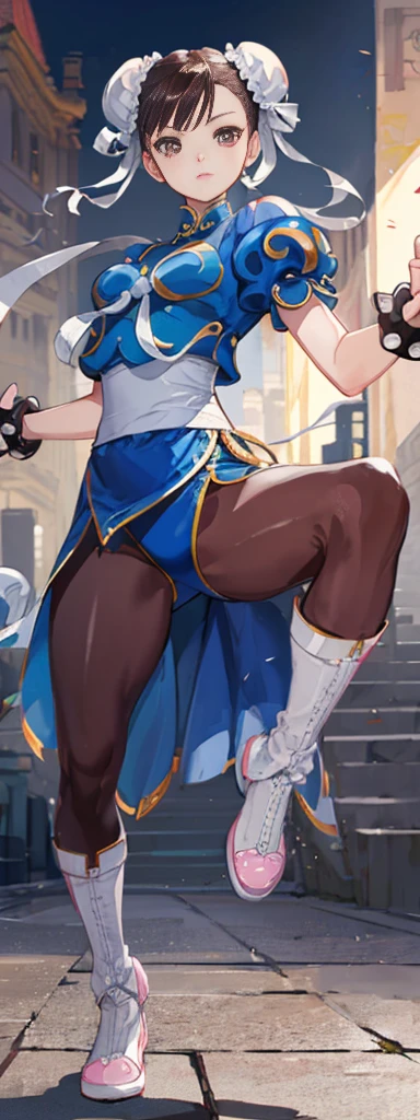 chun-li,((masterpiece)), ((best quality)), ((ultra detailed)), ((kawaii)), cute, (lovely), ((extremely detailed)), ((8K)), (beautiful),flat breast, tiny breast,full body
