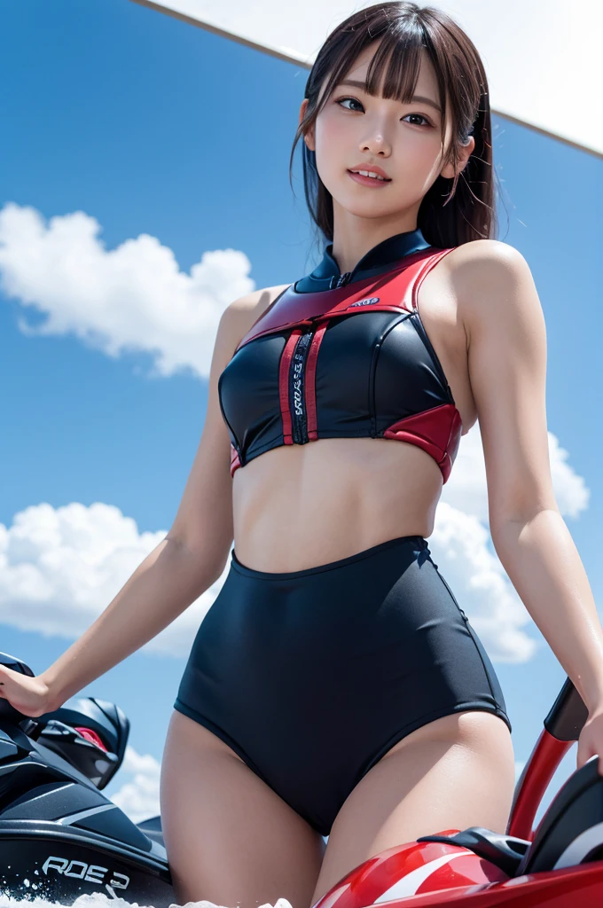 (masterpiece:1.3), High resolution, Super detailed, Highly detailed CG Unity 8k wallpaper, Realistic, photo-Realistic, RAW Photos, Beautifully detailed face, Pale skin, Realistic glistening skin, Detailed cloth texture, Detailed hair texture, Supermodel, Beautiful Face, Accurate, Anatomically correct, Highly detailed face and skin texture, Natural neck length, (Beautiful Hands), (Fair skin:1.2), Thin legs, Thin legs, Sexy thighs,
break,
Fine grain, Symmetrical eyes, Light brown eyes, double eyelid, Thin eyebrows, (Glossy Lips:1.4), (A kind smile:1.2), (blush:1.1),
break,
(Very cute girl:1.3), (Wearing a lightweight wetsuit with a crop top over a gold floral micro bikini:1.2),
(Large Breasts:1.2), Cleavage, (Hard chest:1.2, Shapely breasts:1.2, Slim figure:1.1), Toned Abs,
(Dark brown hair, Wavy Hair, Medium Long Hair:1.2), ((Asymmetrical bangs:1.2)),
break,
((Ride a jet ski:1.3)),
((Sea:1.2)), (Upper Body Shot:1.2), ((From below:1.3)),