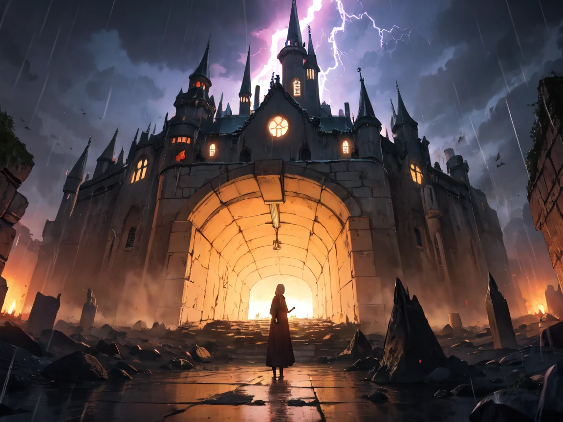 dark castle, horizon, night, rain, lightning, storm, dungeon, catacomb, dark,
