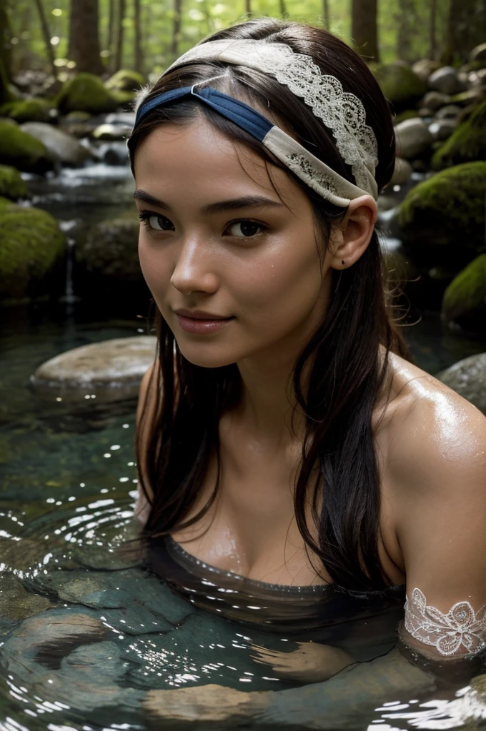 Best Quality, Masterpiece, super high resolution, A super model submerged in hot springs in Japan., outdoor hot springs, stone hot springs, surrounded by moss and trees, super beautiful face, pure body, clear pores visible, (SMILE:0.8), using division (lace headband:1.2), (realism:1.5), Photo original, soaked body, covered in sweat, bare shoulders, in the dark, deep shadows, low-key, cold light