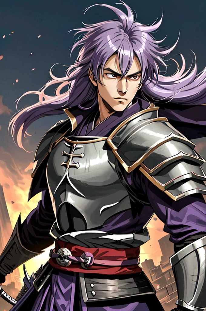 Highest quality，High resolution，((Bosel_Langrisser)) ，mask，（Hidden Face），Fist of the North Star，samurai，One person，warrior，armor，（black_coat），male，One personで，youth，（Purple Hair Color），Swordsman，strongest，Evil，Anime Style，(Limbs)，(Full Finger)，(Accurate fingertips), (The finer details), (Super detailed)，(Japanese sword:)，4K，(high resolution)，whole body, (Front angle), Looking at the camera,masterpiece，(Subtle details)，(Intricate details)，Octane Rendering，(Hyper Detail)，
