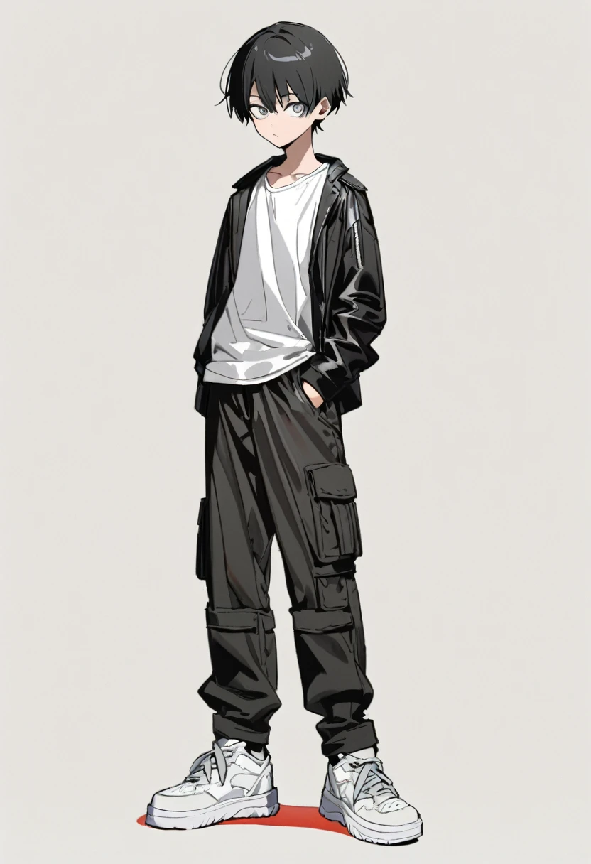 1  boy in chainsaw man style, short black hair, gray eyes, black leather jacket,long blouse,white blouse with red stripes, cargo pants, hands in pocket, White sneakers, (fully body), White background 