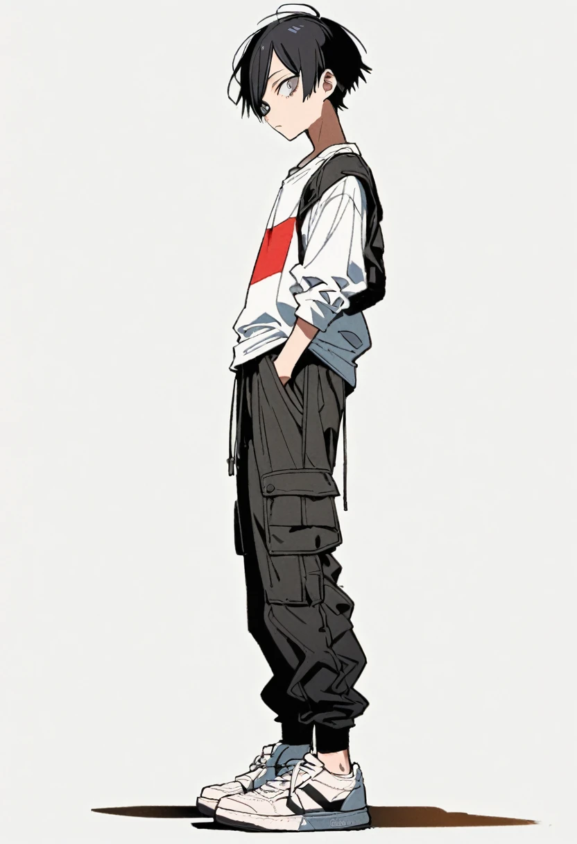 1 14 year old boy in chainsaw man style, short black hair, gray eyes, black leather jacket,long blouse,white blouse with red stripes, cargo pants, hands in pocket, White sneakers, (fully body), White background