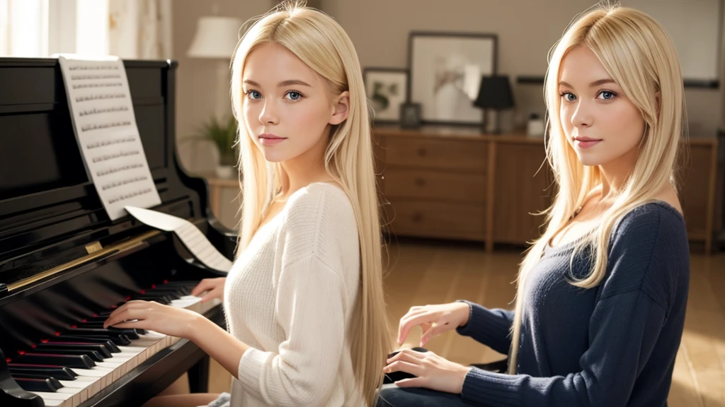 Beautiful Scandinavian girl with bright blonde hair. She plays the piano.
