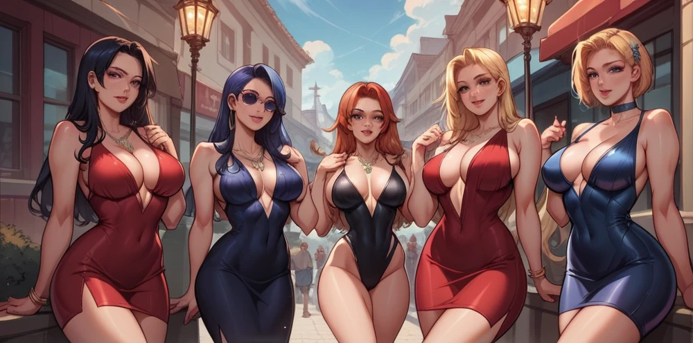 high quality, very detailed, 8k, character design, (realistic cartoon, intricate details), 2.5 D, cartoon animation style, dead or alive character, 5 american women, multiple women in 1 image, USA girls, different hair color,different hairstyle, different hair length, different eye shapes and eye colors, different facial features, american female facial features, all wearing party dress and necklace, all having curvaceous figure and XL huge breasts, strong thighs, toned stomach, all wearing black elite party dress, night city in background, sitting under a street light, sharp light focus, light and shadow