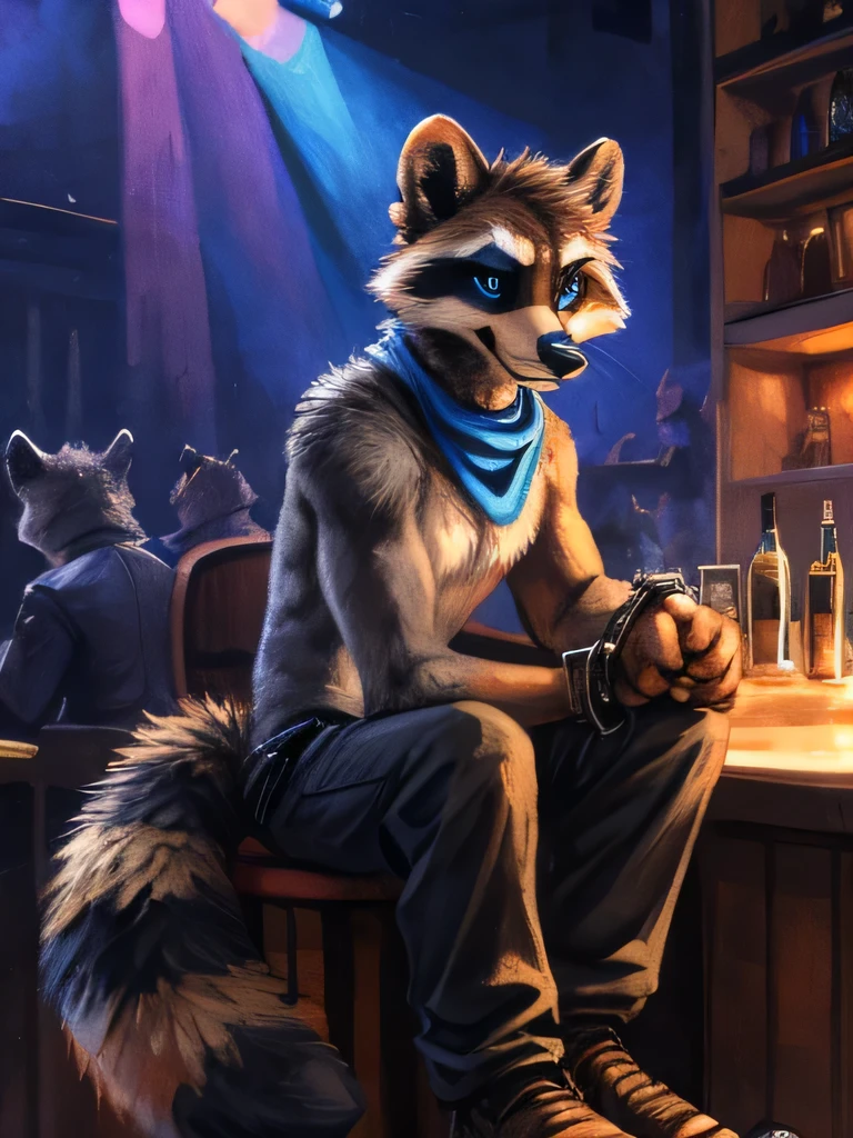 furry, furry, teen, raccoon, grey body, long brown spiked_ponytail, Detailed body fur, long blue scarf, leather_harness, black baggy pants, goggles, masterpiece, gray body, Detailed face, big eyebrows, blue eyes, detailed eyes, No muscles, Detailed hands, Flat body, Skinny, Detailed paws, metal cuffs on wrists, metal cuffs on ankles, no shirt, no underwear, crowded nightclub, sitting, art by kenket