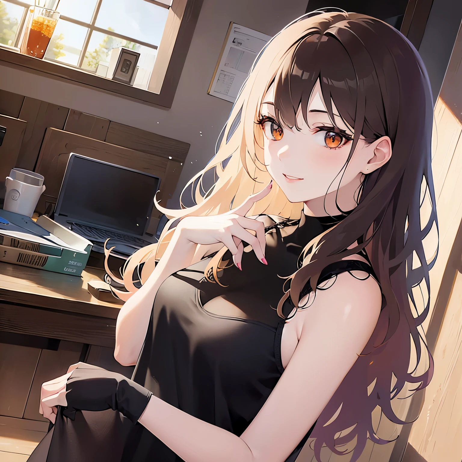 lookin at viewer,Upper Body,
Realistic, real person, (pale skin: 1.2), RAW photo, photorealistic, shiny skin, shiny hair、
(A 25-year-old woman with medium-length hair and bangs) and (wavy hair) and (brown hair) and (Orange Eyes)
, smile, blowing kiss、Winking、
Tank top,The background is the living room at night