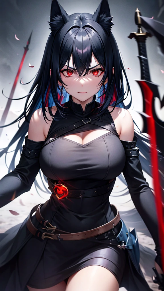 An adult woman, half wolf, black and blue hair, black ears, shining red eyes, wearing a black and blue dress, very angry, wide breasts, holding a sword