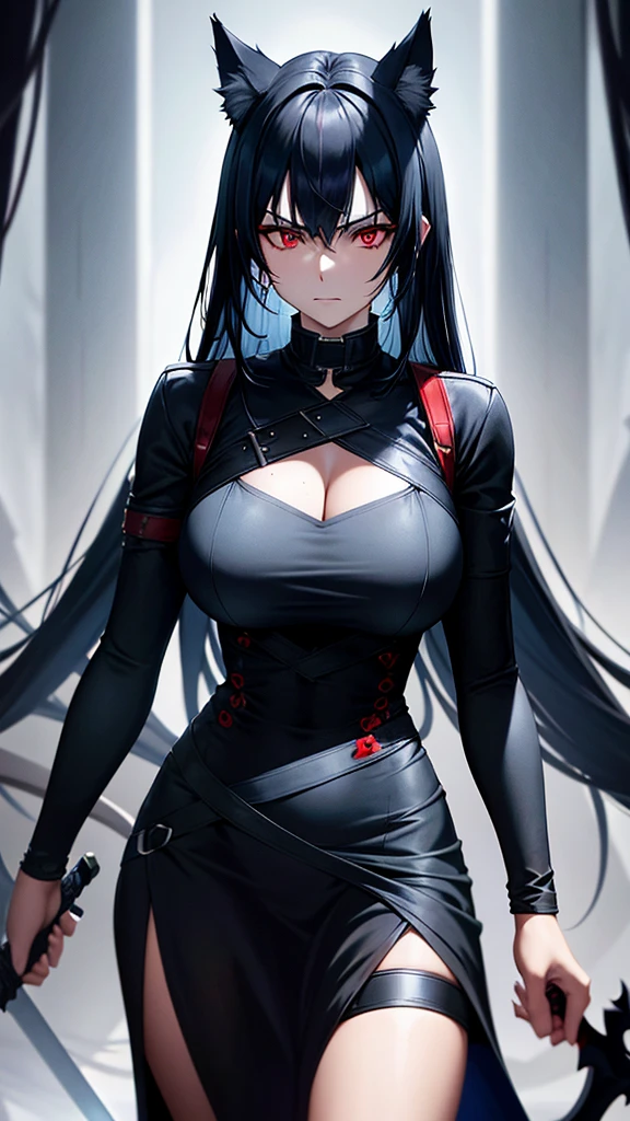 An adult woman, half wolf, black and blue hair, black ears, shining red eyes, wearing a black and blue dress, very angry, wide breasts, holding a sword
