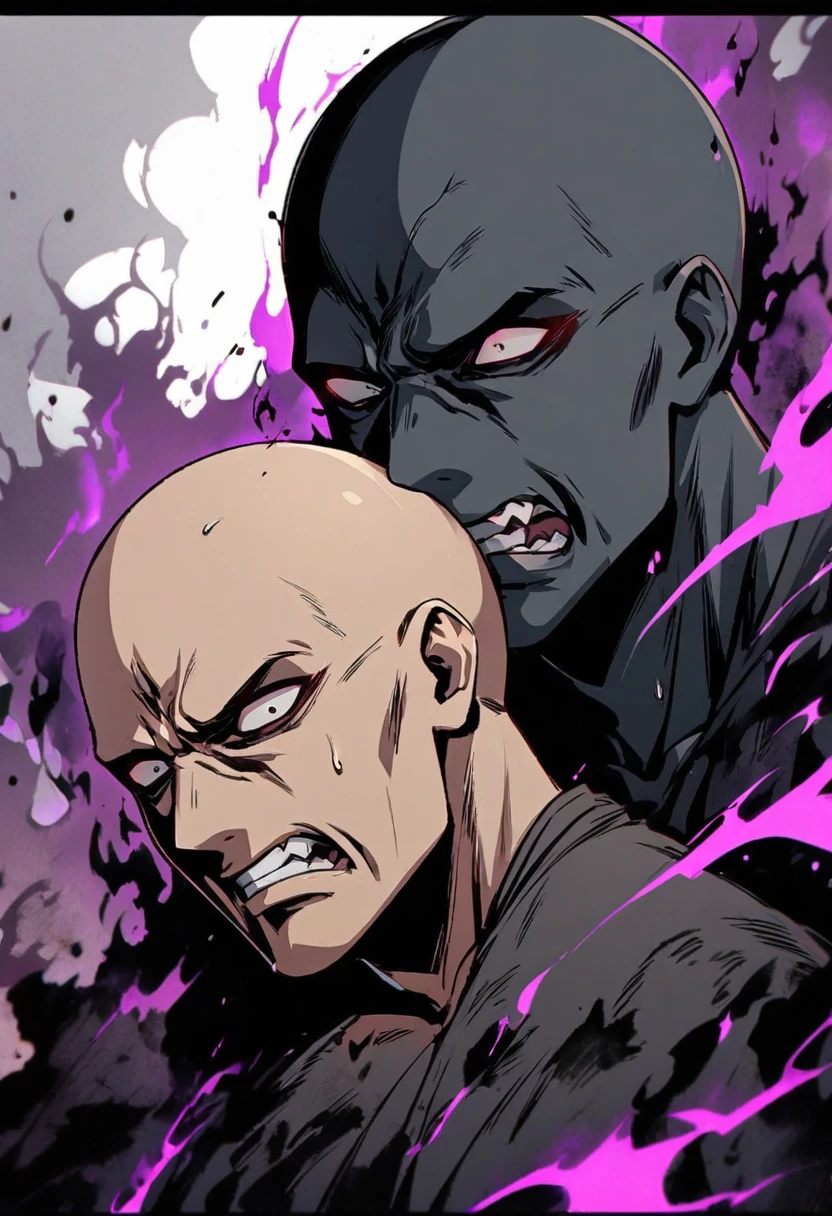 male, two heads on 1 body, bald, evil, dark aura