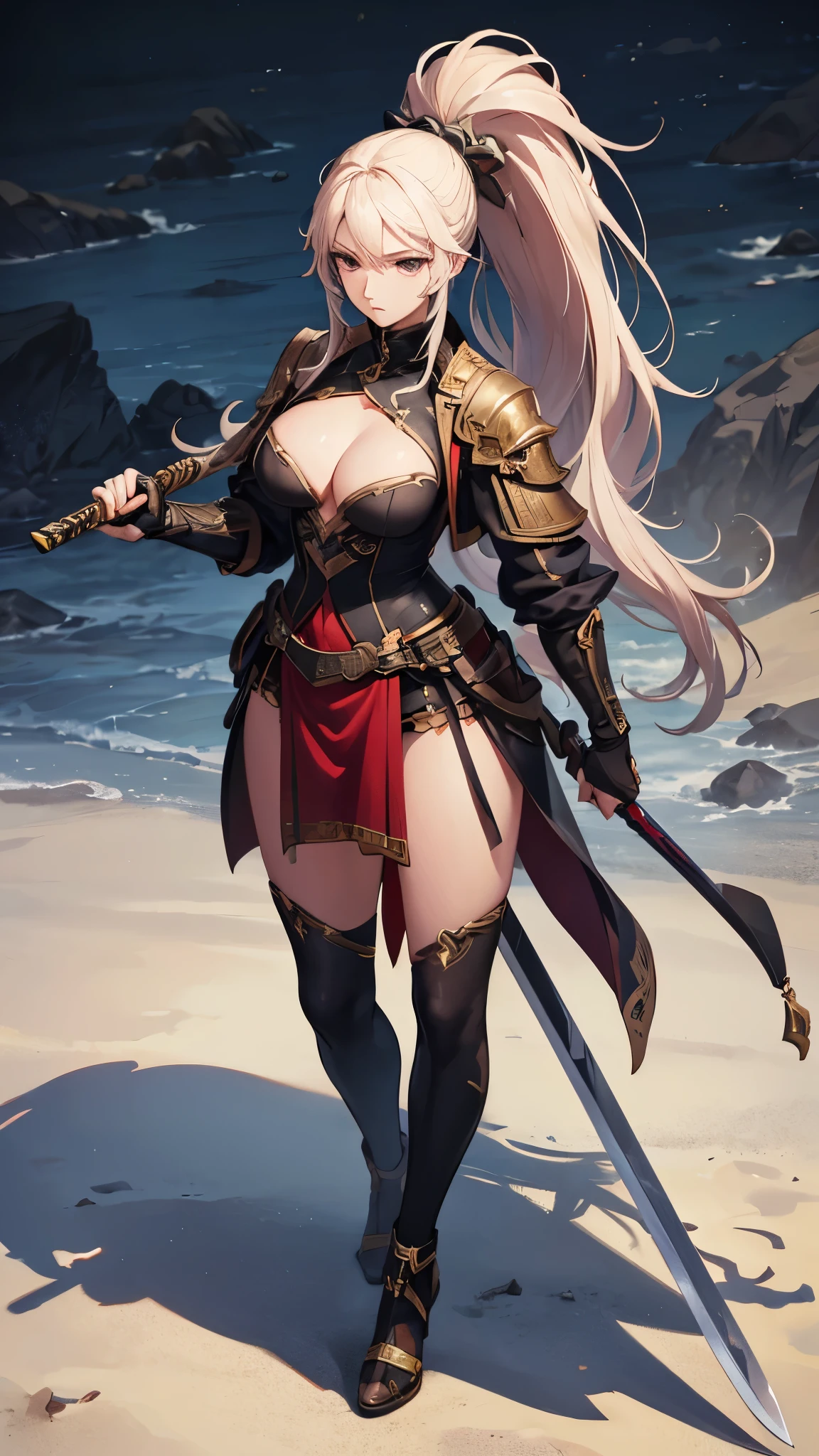 (masterpiece, 4K ,Super detailed:1.2), (anime:1), (Perfect quality), The whole body is shown, View Viewer, Holding a sword, ponytail, Cold expression, Muscular and ultra violent women, Powerfully々And, epic female swordsman, RPG concept art character, Light clothing