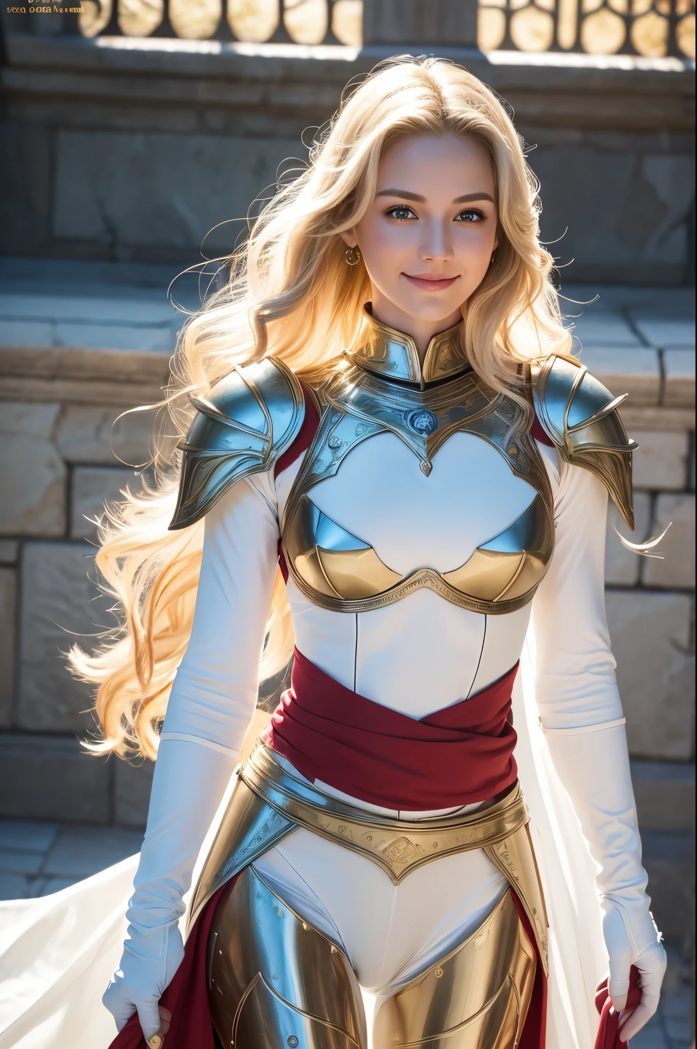 8K,Tall female royal paladin,so beautiful(Like the real thing),Blonde curly hair,smile,Green Eyes,Gorgeous red and white breastplate,Luxury White Combat Pants,Muscular and slim body,Toned Abs,masterpiece,Photorealistic RAW photos of the highest quality。Bright colors,Rich colors, Backlight, Cinema Lighting, Film Grain, to be born, 50mm lens, Nikon D850,Realistic Skin,Fantasy art,Character Art,Ultra-high resolution,Realistic scale skins,Perfect hand shape,View your viewers,Royal Palace Courtyard,long, Silver sword on waist.,Luxurious white shoulder pads,Luxury White Gauntlets,luxurious white waist armor,Luxurious white leg armor,