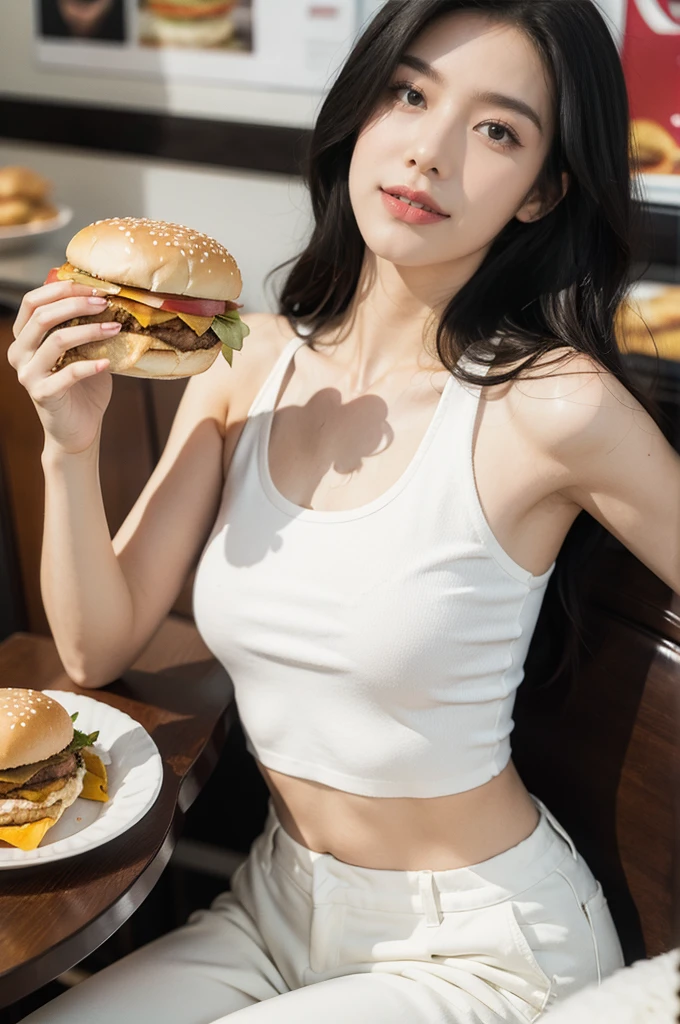 (((best quality))),(((ultra detailed))),(((masterpiece))),illustration,((1girl,solo)),(straight black bob hair:1.2),((slim,thin)),((small breasts,flat chest)),sitting,(in KFC:1.3), (burgers and drink on the table:1.2),((white strap tank top, white pants)), clean, fresh, bright face, sparkling eyes, rosy cheeks, beautiful smile, white teeth, neatly combed hair,sexiness,visible, natural, carefree,bustling restaurant, other customers, enjoying meals, chatting, bright lighting, warm atmosphere, joy, relaxation, cute appearance, carefree attitude, visually appealing, heartwarming,((upper body,from front))