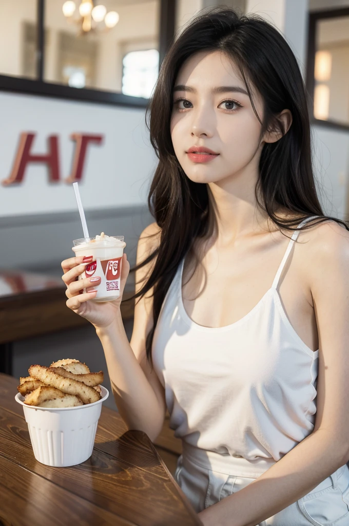 (((best quality))),(((ultra detailed))),(((masterpiece))),illustration,((1girl,solo)),(straight black bob hair:1.2),((slim,thin)),((small breasts,flat chest)),sitting,(in KFC:1.3), (burgers and drink on the table:1.2),((white strap tank top, white pants)), clean, fresh, bright face, sparkling eyes, rosy cheeks, beautiful smile, white teeth, neatly combed hair,sexiness,visible, natural, carefree,bustling restaurant, other customers, enjoying meals, chatting, bright lighting, warm atmosphere, joy, relaxation, cute appearance, carefree attitude, visually appealing, heartwarming,((upper body,from front))