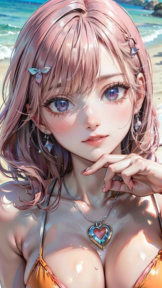 (Masterpiece, BestQuality:1.3), (ultra detailed:1.2), (hyperrealistic:1.3), (RAW photo:1.2), High detail RAW color photo, professional photograph, (Photorealistic:1.4), (realistic:1.4), professional lighting, perfect anatomy, (Big Breasts), (blush, detailed face), (cheerful Smile:1.5), (Pink Hair:1.5), Trending Hair&Trending Hairカラーをランダムに, earrings, necklace, bracelet, sexly, erotic sexly, Random sexy gravure poses, (On the beach、Sexy beauty in orange micro bikini。Dip your toes in the waves、flash a seductive smile at the camera。Silver anklets add an erotic touch。: 1.3)