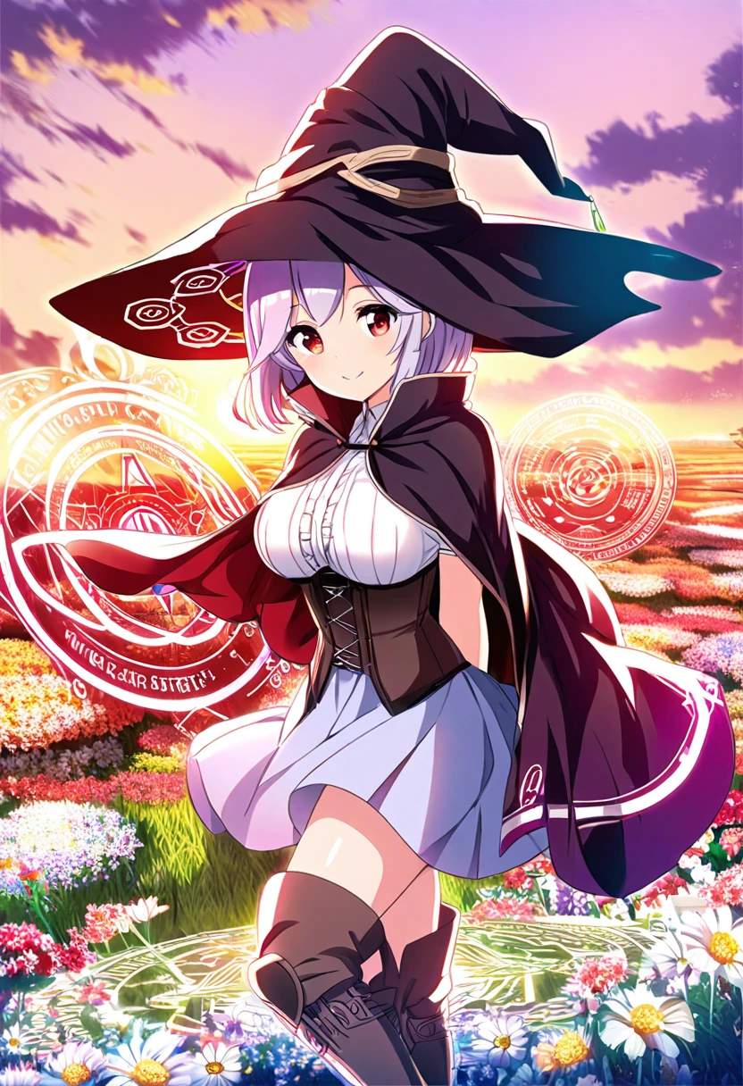 score_9, score_8_up, score_7_up, depth of field, looking at viewer, soft anime.  Beautiful 1woman. Mage. Magic circle. Flowing cloak, tunic, gloves, skirt, corset, boots. Highly detailed face, short hair, highly detailed red eyes. Curvy. Open field of flowers. Blurred background. Sunset. Natural light enhancing contours of her body... Sunrise. Sky is gradient blue and purple. Smile. . Clouds. Witch hat. Hand behind back