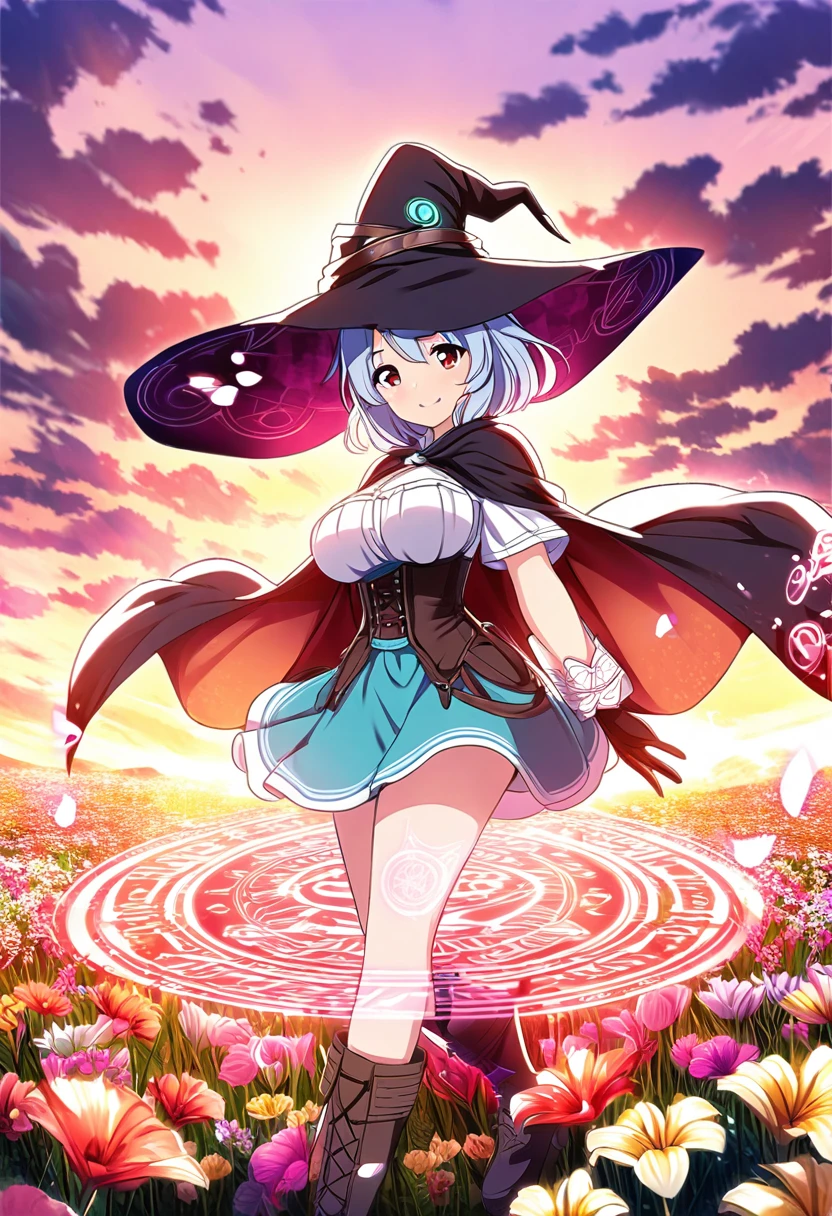 score_9, score_8_up, score_7_up, depth of field, looking at viewer, soft anime. Beautiful 1woman. Mage. Magic circle. Flowing cloak, tunic, gloves, skirt, corset, boots. Highly detailed face, short hair, highly detailed red eyes. Curvy. Open field of flowers. Blurred background. Sunset. Natural light enhancing contours of her body... Sunrise. Sky is gradient blue and purple. Smile. . Clouds. Witch hat. Hand behind back