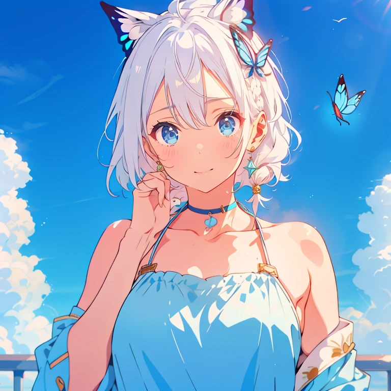 1 ,Blue Pupil,toenails,hand on own face,White hair,sky blue eyes,(blush:1.1),choker,blue sky,lesbian full body，shivering,sweat,Gotas de sweat,dream magical,(speed line:1.1),medium breasts, ((rough breathing:1.3)), cure, butterfly earrings, top cut, pleasure, loud and cold，high quality 4k