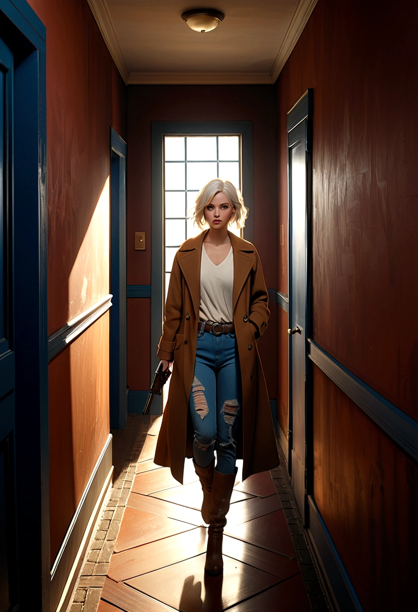 ((Suspense scenes ((Concept Art)), Very detailed，There was a girl wearing blue jeans, Brown coat and boots)), (Better lighting, Better shadows, Extremely subtle and terrifying), (Digital Illustration), ((4K)), [(Dynamic Angle,White hair, (Pretty Face, Perfect face) The clothes are torn, With a gun in hand),  [:(dark, mystery, Game Paint, Harsh environment, Zigzag corridor, big house, Dead):]