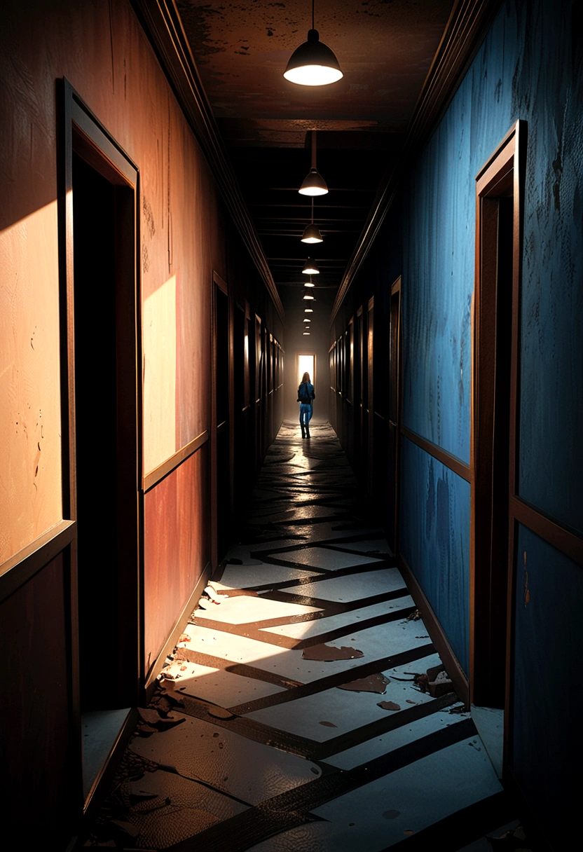 ((Suspense scenes ((Concept Art)), Very detailed，There was a girl wearing blue jeans, Brown coat and boots)), (Better lighting, Better shadows, Extremely subtle and terrifying), (Digital Illustration), ((4K)), [(Dynamic Angle,White hair, (Pretty Face, Perfect face) The clothes are torn, With a gun in hand),  [:(dark, mystery, Game Paint, Harsh environment, Zigzag corridor, big house, Dead):]