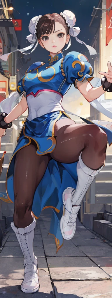 chun-li,((masterpiece)), ((best quality)), ((ultra detailed)), ((kawaii)), cute, (lovely), ((extremely detailed)), ((8K)), (beautiful),flat breast, tiny breast,full body