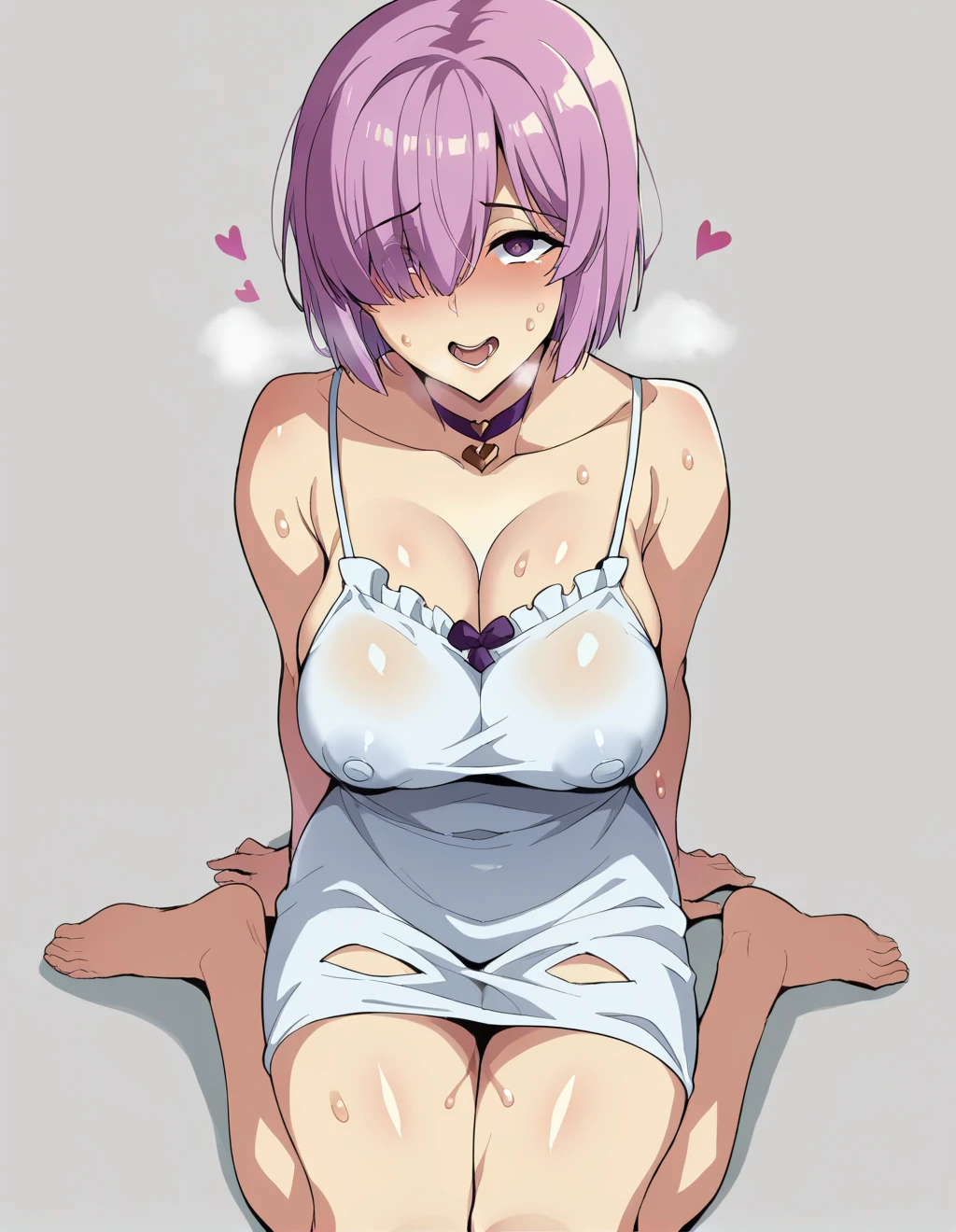 smile、((Mash Kyrielight))、Ultra-detailed illustrations、Ultra-precise expression、masterpiece、Highest quality、ultra High resolution、High resolution、Hiromitsu Takeda Style、White background、Simple Background、whole body、One girl、soght purple hair,short hair,hair over one eyes、White camisole、White dress、Open your mouth、Erect nipples、Choker of Hearts、White Breath、Sweat、Glowing Skin、shiny skin、Front angle、View your viewers、stand、barefoot、