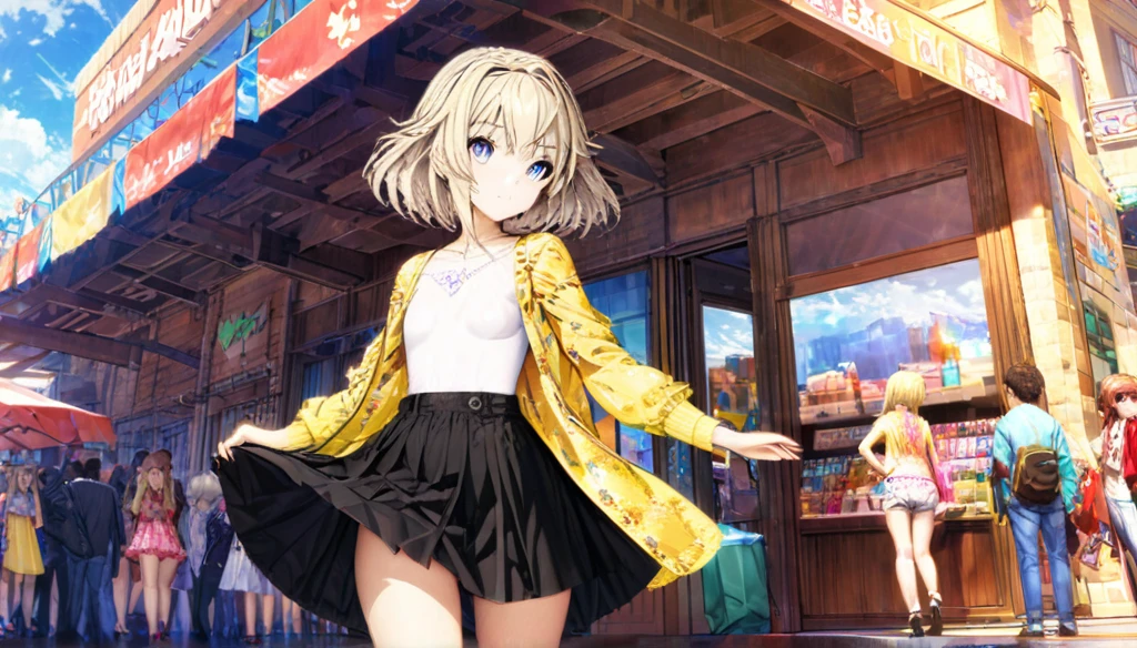 ((Anime Infinite Stratus Art, 8k, ultra full high definition, epic quality, epic texture)). the theme is exhibitionism. The setting is a big shopping, Very detailed, it's summer, it's daytime, there are some shops, there are people passing by the scene. The focus is a girl, her name is Sophia, 12 years old, Brazilian, very short stature, very messy blonde hair(short:1.9) with bangs(long:1.5), ice blue eyes, wonderful face, she has white skin, skinny body, narrow chest, round boobies, thin waist, very narrow hips, big and perky butt, she's wearing a skirt and a very low-cut flowery shirt(short:1.9), she's naive she is very shy and lewd, she is walking in the setting. The atmosphere is lively.