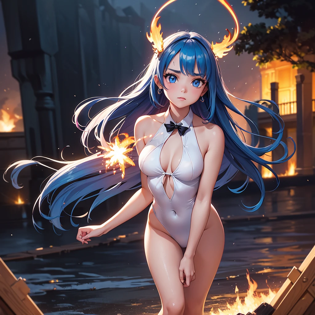 masterpiece, exquisite, {beautiful and meticulous girl}, beautiful and detailed halo, (fire of war: 1.2), (fire explosion behind: 1.3), rain, detailed lighting, detail water, (beautiful and detailed eyes: 1.1), glitter_force, palace, sky blue hair, scattered hair, long bangs, eyebrows, (Open Stitch Ring Linked Halter Neck Backless Swimsuit: 1.1), black ribbon, white bow tie, upper abdomen, big forehead, flower, leaning_forward