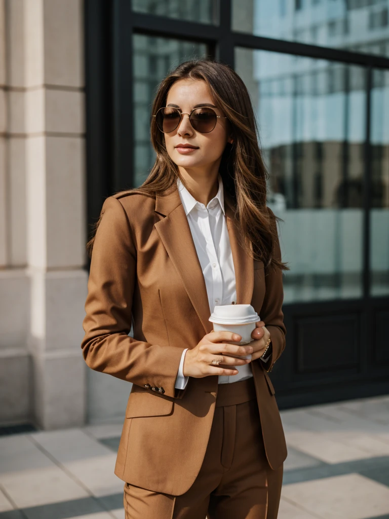 (high quality), European-looking woman in sunglasses, holding a glass of coffee, long brown hair, trouser suit