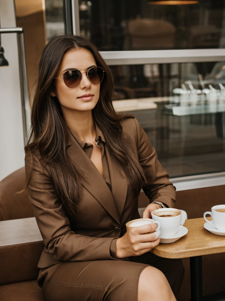 (high quality), European-looking woman in sunglasses, holding a glass of coffee, long brown hair, trouser suit