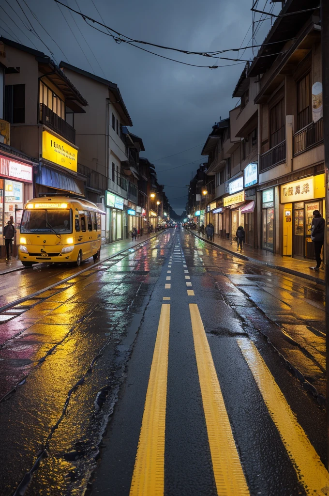 Road in a city with yellow stripes on the road. wet road (Post Rain) at night with shops next door and people (trade) with small bulbs attached to wires attached to each pole (as decoration),