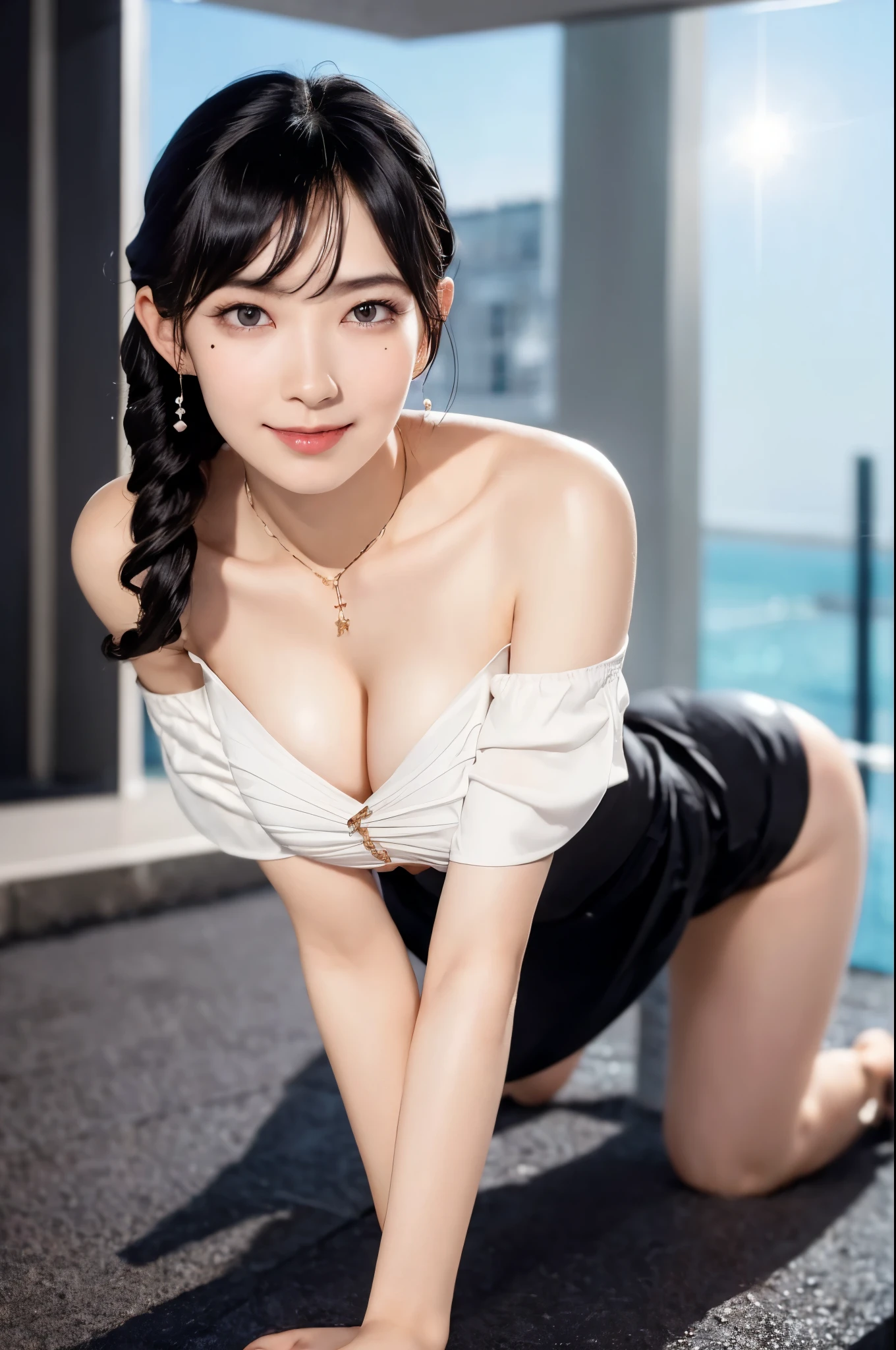 ((Bust up shot:1.5)),,(Top angle camera shot:1.3),(Focus on the legs),,((Medium Long Hair:1.3)), ((straight legs:1.3)),(Mole under the corner of the right eye:1.2),8K, Tabletop, RAW Photos, Highest quality, Realistic, 非常に詳細な CG Unity 8K 壁紙, Written boundary depth, Natural light, Lens flare, Ray Tracing, (Very beautiful face, Beautiful Lips, Beautiful Eyes), Exquisitely detailed face, ((Highly detailed skin)) One Girl, In the Dark, Deep Shadow, Cute Korean Girl, K-POPアイドル, ((1 Girl)), (Very slim and slender fit muscular body:1.3), ((The whole body is facing upwards:1.3)),((View your audience)),(A shy smile:1.3),(No people in the background:1.3), Clear Eyes, (Pale skin), (Big eyes),(Black Hair),,((Off the shoulder:1.3)),, ((Her cleavage is visible:1.3)),Open chest, Very slim, Medium Chest, in front of the eyebrows, Thick thighs,D cup breasts, barefoot,Place your arms at your sides., Place your hands beside your head,Wet、Looking into the camera、black eye、Stick your butt out、On all fours