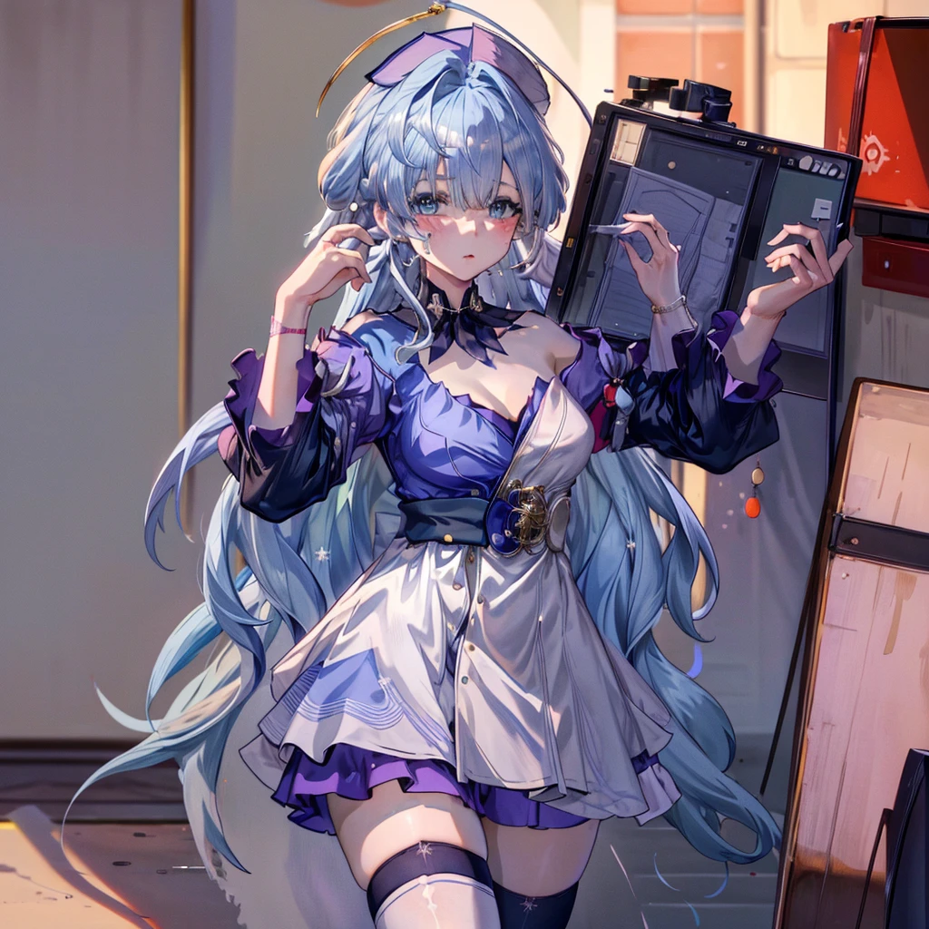 ((Highest quality)), ((masterpiece)), ((detailed)), (4K), 1girl, breasts, 独奏, nurse, nurse cap, cleavage, hat, large breasts, thighhighs, mole, blush, long hair, mole under eye, looking at viewer, hospital, white thighhighs, blue hair, collarbone