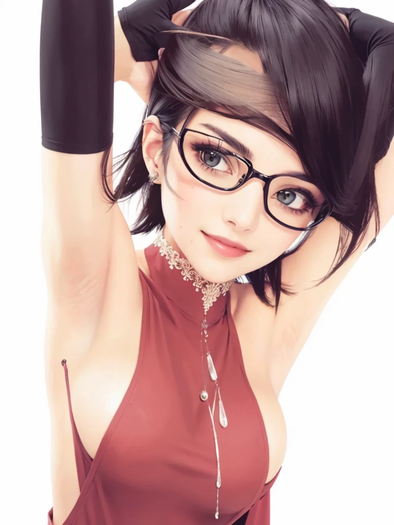 A beautiful girl, high quality, real details, color details, face details, eyes details, intricate details, smile face, smooth glowing skin, 3D image, medium contrast, cinematic lighting, realistic, masterpiece, 8K, thin face, right bangs hair, short hair with black color, black eyes, smiling, pink mouth, red shirt, wet body, large breast size, 2 hands, 2 hands raised, smooth armpit, 5 fingers, sexy, open mount